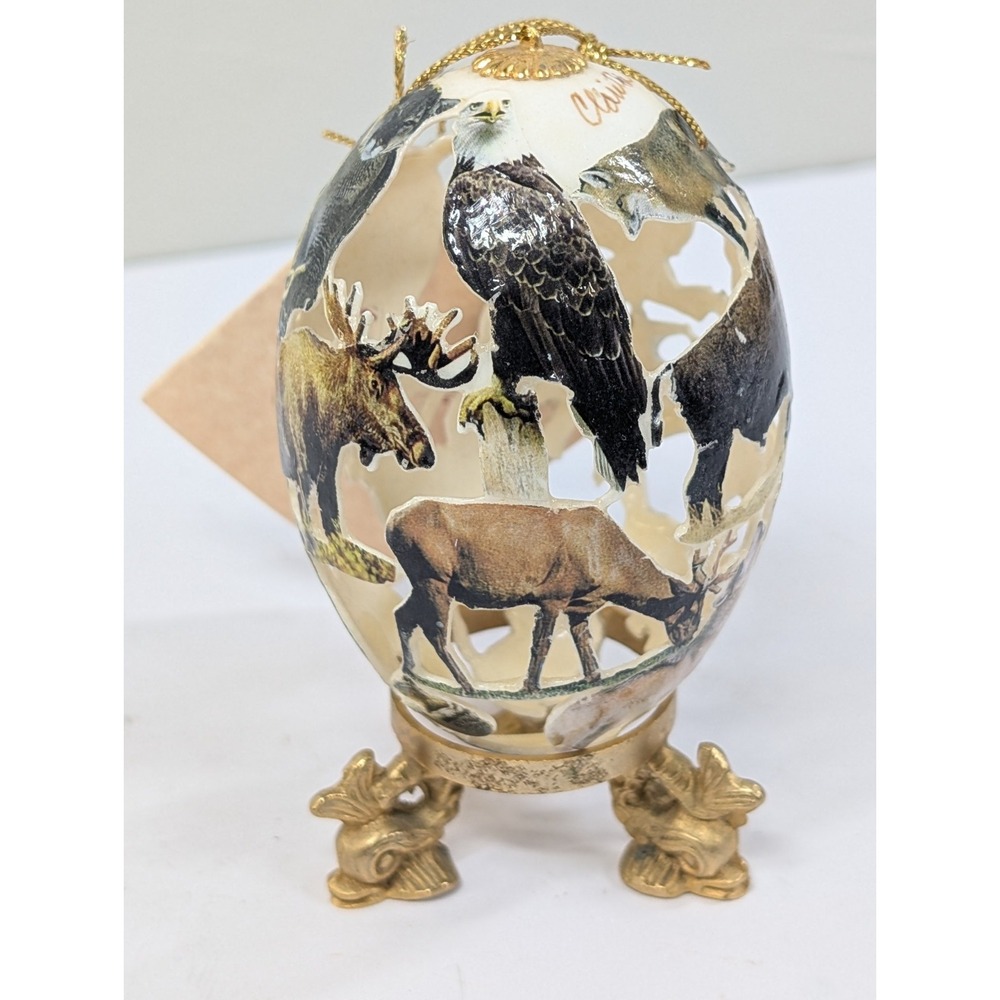 Clarita Decoupage Ostrich Egg Figurine Wildlife With Stand Buffalo Rabbit Bear